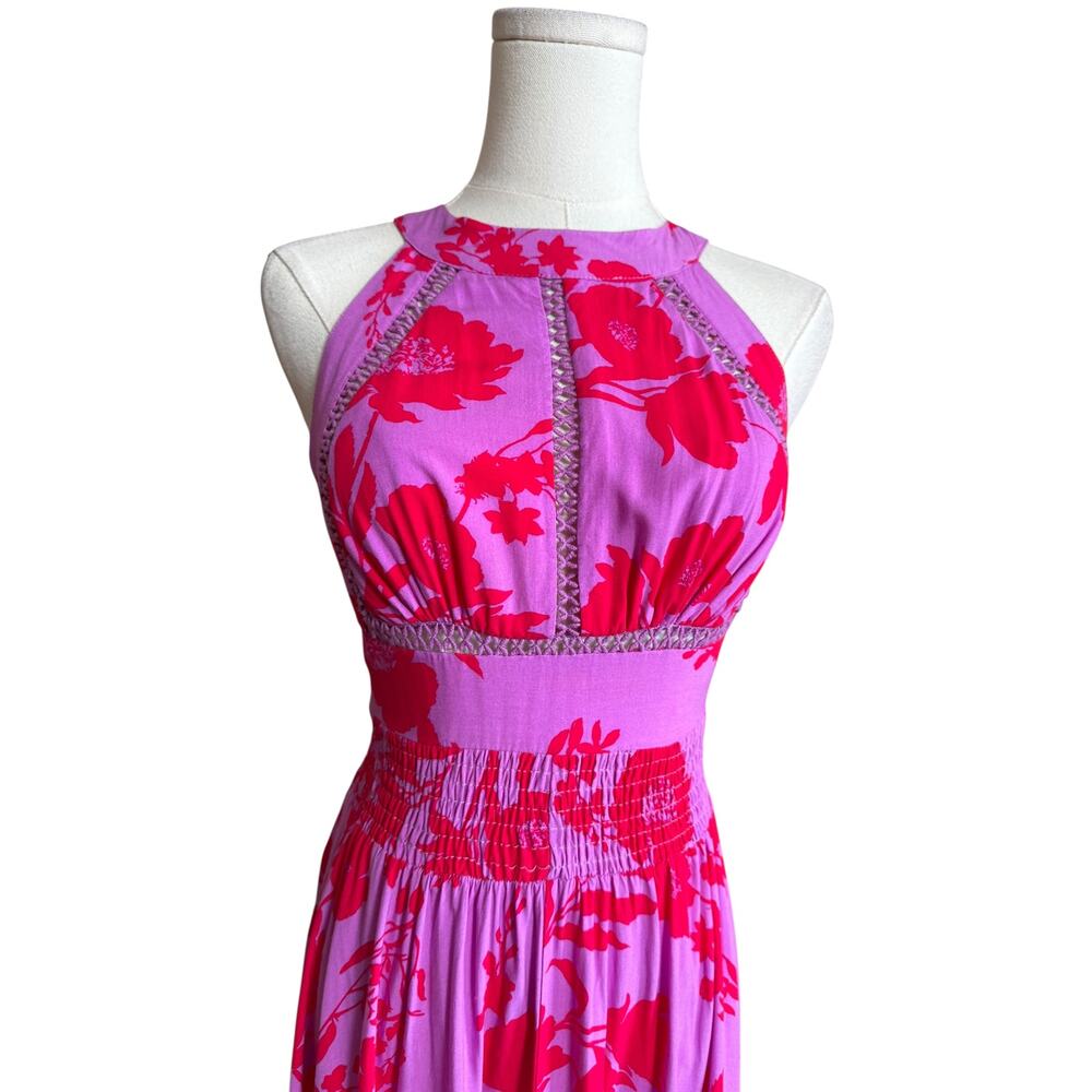 ABEL THE LABEL Anthropologie NEW Pink Red Floral Halter Maxi Dress XS Sleeveless - Picture 5 of 10
